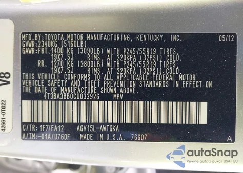 2012 Toyota Venza Le z USA, uszkodzony, nr VIN 4T3BA3BB0CU033926